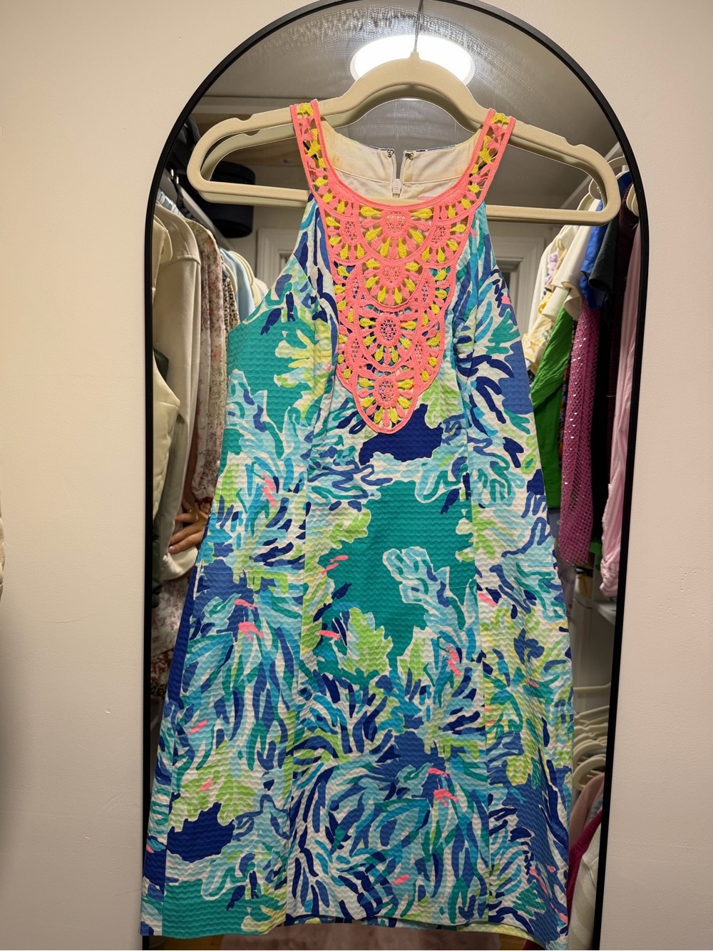 Lilly Pulitzer Blue & Green Tropical Shift Dress | Pink Crochet Neckline